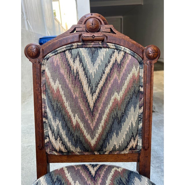 19th Century Eastlake Walnut Hall Chairs With Bargello Upholstery, Set of 2 For Sale - Image 15 of 15