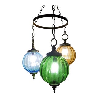 Midcentury Murano Blue Yellow Green Blown Glass Globes Lanterns Chandelier For Sale