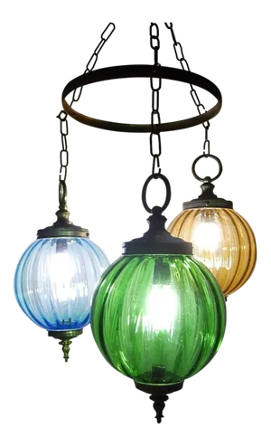 Midcentury Murano Blue Yellow Green Blown Glass Globes Lanterns Chandelier