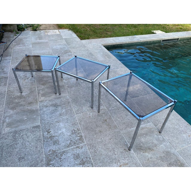 Vintage Chrome and Glass Nesting Tables, 1970, Set of 3 For Sale - Image 9 of 18