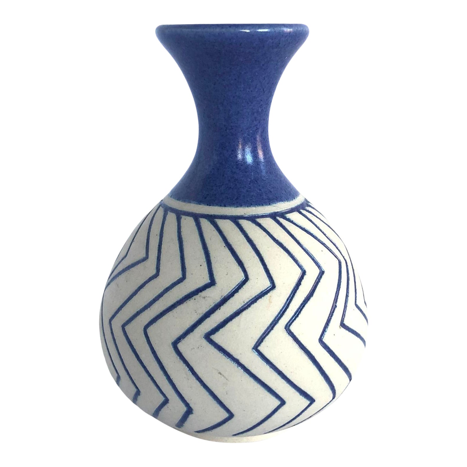 Mid Century Zig Zag Cornflower Blue Bud Vase Signed