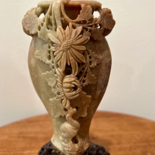 Stone Antique Chinese Floral Carved Soapstone Vase For Sale - Image 7 of 13