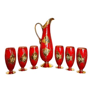 Mid 20th Century Bohemian Hand-Enameled Cased Glass Pitcher & Goblet Set With Ornate Gold Overlay - 7 pcsc For Sale