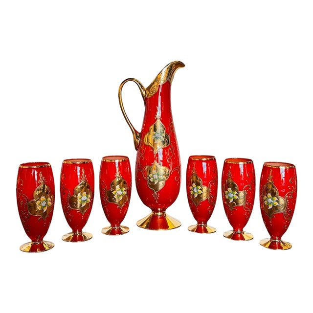 Mid 20th Century Bohemian Hand-Enameled Cased Glass Pitcher & Goblet Set With Ornate Gold Overlay - 7 pcsc For Sale