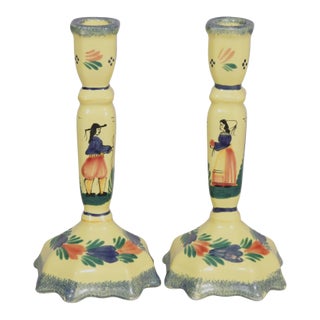French H B Quimper Faience Ceramic Candlesticks, a Pair For Sale