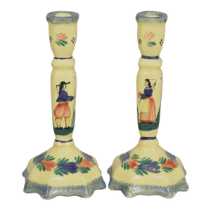 French H B Quimper Faience Ceramic Candlesticks, a Pair