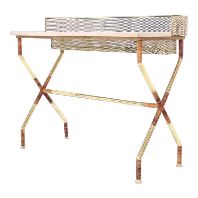 20th Century Hollywood Regency X-Base Brass and Marble-Top Console Table For Sale
