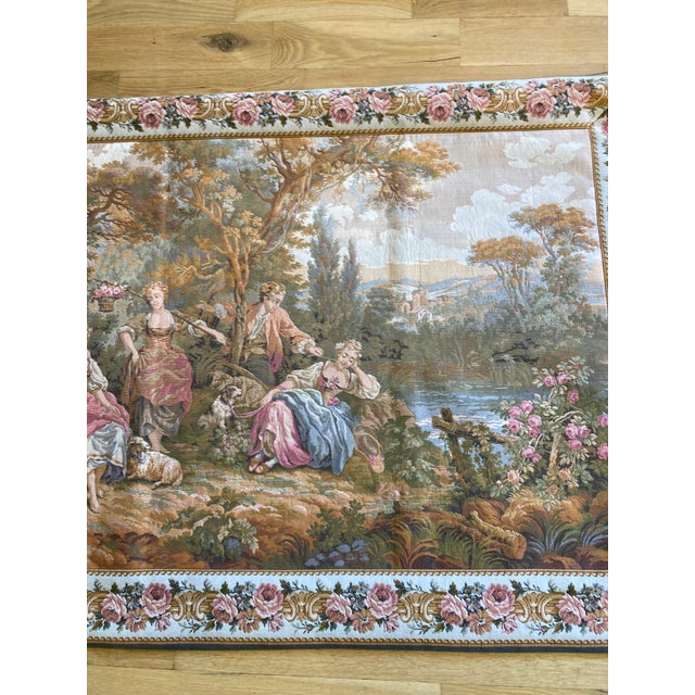 Mid 20th Century Mid 20th Century French Gobelins Pastoral Tapestry Wall Hanging With Solid Wood Hardware For Sale - Image 5 of 16