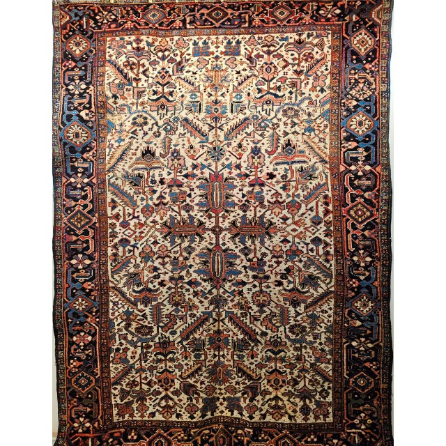 Textile Vintage Persian Heriz Serapi Rug, Hand-Knotted Wool, All-Over Geometric Pattern, Ivory & Blue, 8x10 For Sale - Image 7 of 14