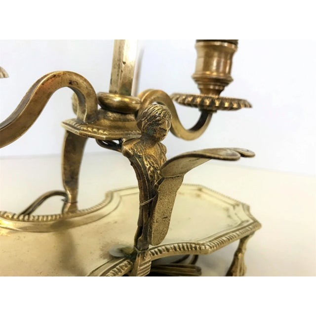 Metal Antique Italian Brass Student Oil Lamp Converted to Electric With Adjustable Height Shades For Sale - Image 7 of 13