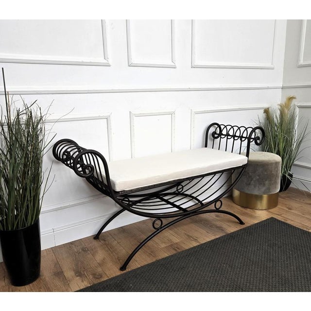 Beautiful Italian neoclassical style curule savonarola wrought Iron bench or window seat or daybed with its typical rolled...