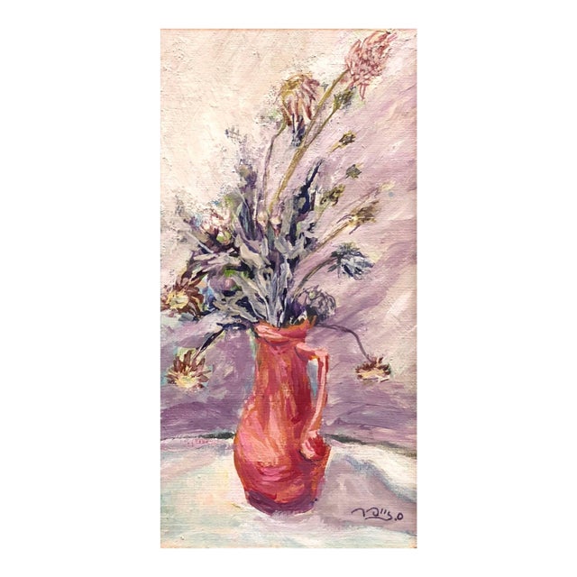 Israeli Expressionist Oil Painting Floral Bouquet Signed in Hebrew Miniature For Sale