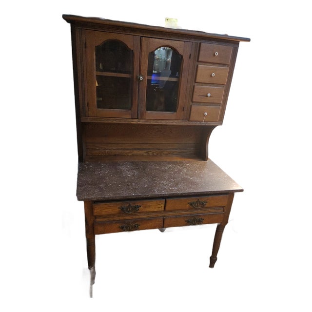 19th Century Marble Top Possum Belly Copper Lined Bins Kitchen Bakers Cabinet For Sale