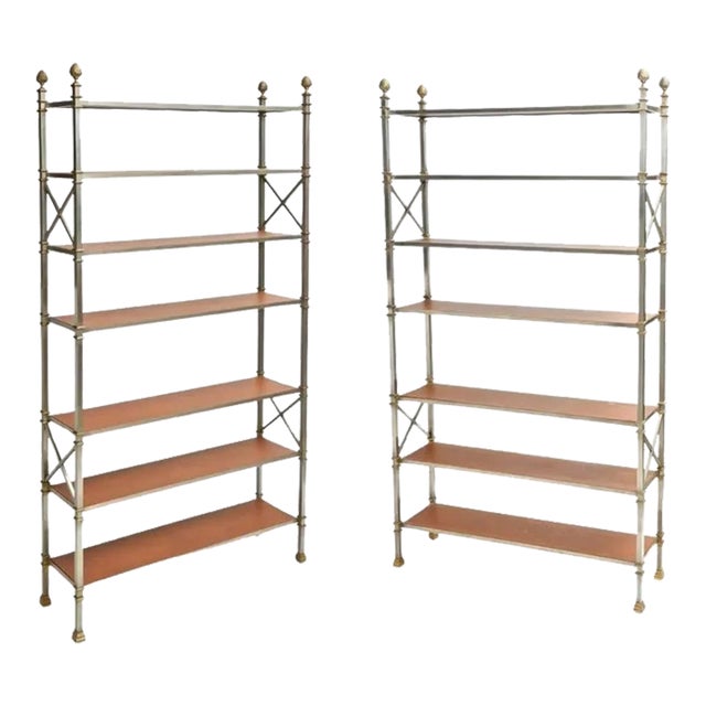 Pair of Maison Jansen Brass & Leather Etageres For Sale