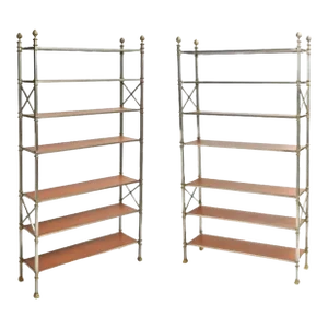 Pair of Maison Jansen Brass & Leather Etageres