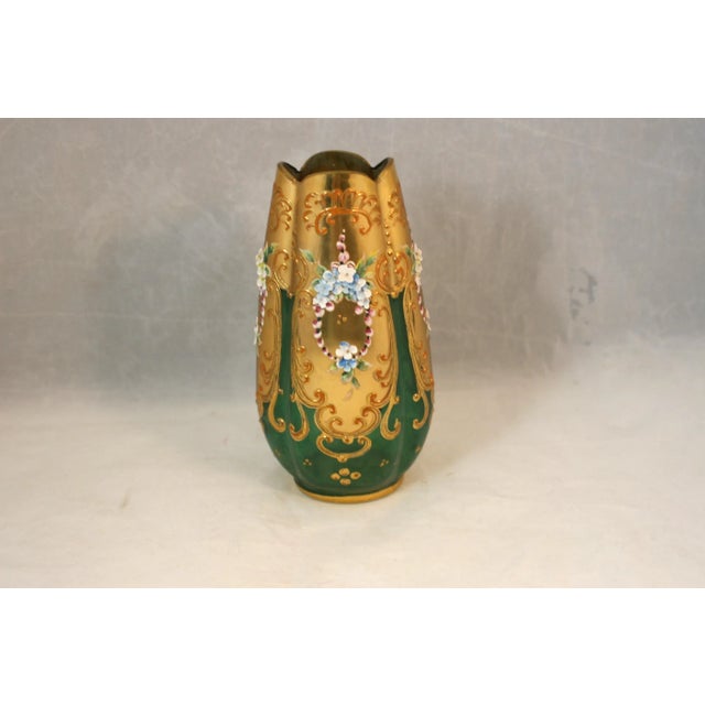 Victorian Antique Handcrafted Bohemian Art Glass Green Glass & Gold Gilt Vase With Enamel Flowers For Sale - Image 3 of 11