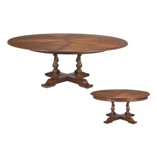 64-84 Round Large Solid Walnut Dining Table on Country Turned Legs. Distressed Reclaimed Wood Style Finish For Sale