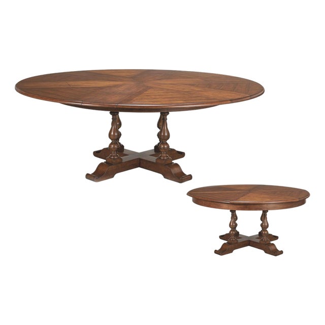 64-84 Round Large Solid Walnut Dining Table on Country Turned Legs. Distressed Reclaimed Wood Style Finish For Sale