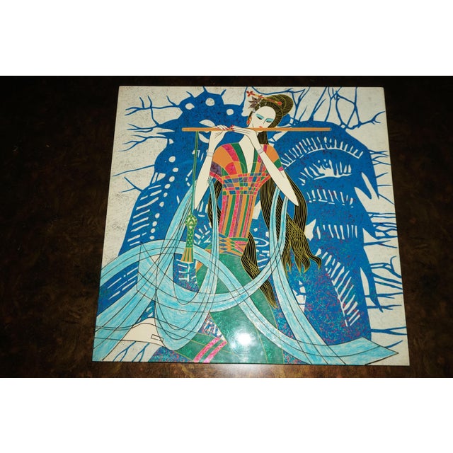 Asian-Inspired Art Deco Woman Playing Flute – Colorful Decorative Art – 16” X 16” For Sale - Image 4 of 4