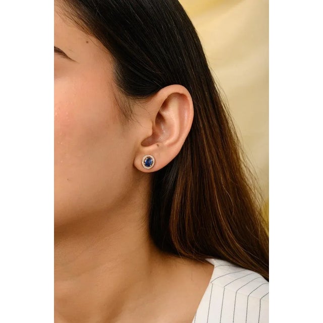 1.25ct Oval Cut Blue Sapphire Diamond Halo Statement Stud Earrings in 14k Gold- A Pair For Sale - Image 4 of 9