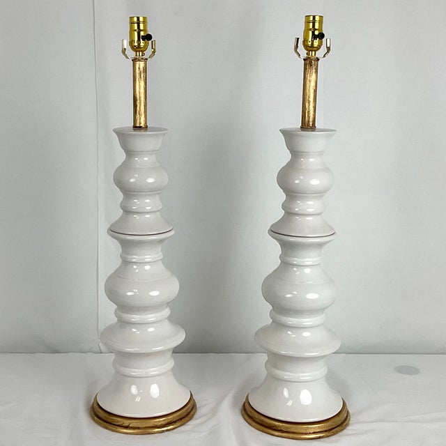 Vintage Tall White Ceramic Column Lamps - a Pair For Sale - Image 11 of 14