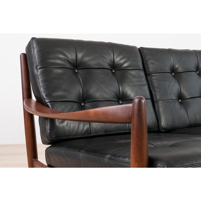 Black Scandinavian 3-Seater Sofa in Wood and Black Leather, 1960s For Sale - Image 8 of 12