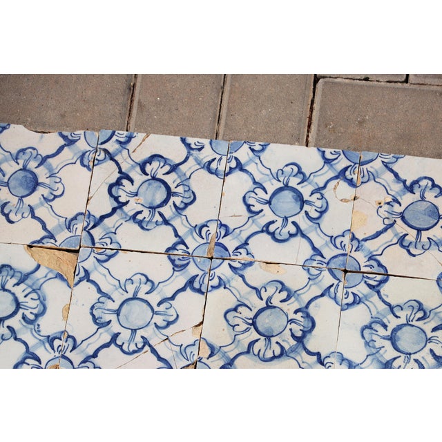 Antique 18th Century Portuguese Blue & White Tiles Set of 61 With Repeating Floral-Geometric Pattern For Sale - Image 9 of 18