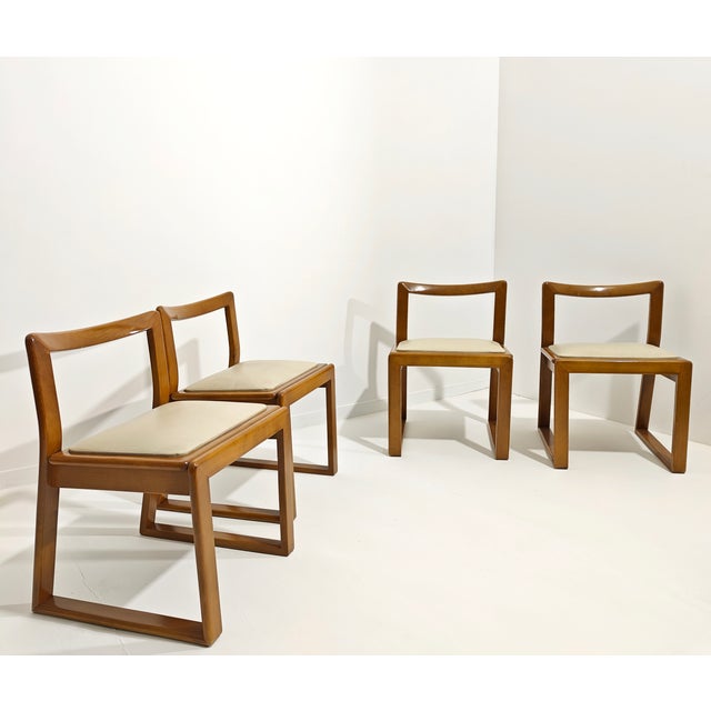 Curved Wood Chairs with Leather Seats, Italy, 1970s, Set of 4 For Sale - Image 4 of 12