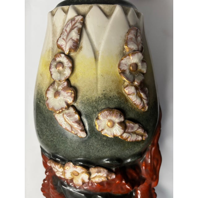 Chinoiserie Sculptural Ceramic Dragon Table Lamp With Applied Flowers and Pierced Metal Base For Sale - Image 3 of 9