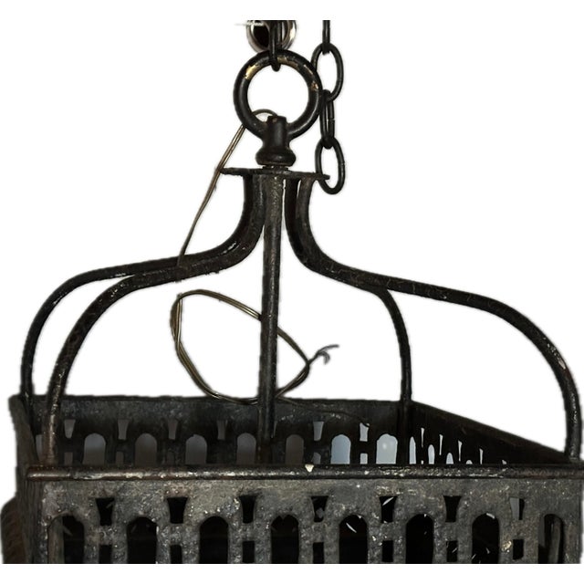 Late 19th Century Antique Gothic Medieval Spanish Revival Pierced Metal Electric Lantern For Sale - Image 5 of 9