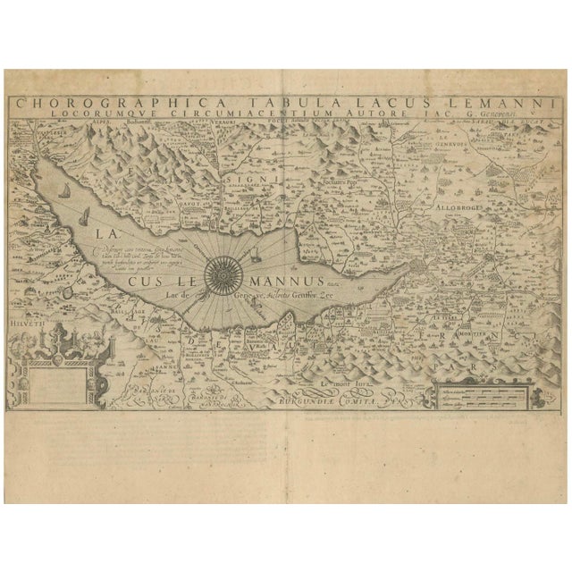 Map of Lake Geneva and Surroundings by Hondius, Geneva Region, 1606 This rare and intricately engraved map, titled...