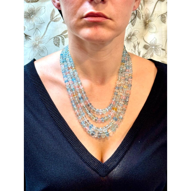 1000 Carat Natural Fine Aquamarine Bead Necklace, Four Strand in Metal Clasp For Sale - Image 11 of 18