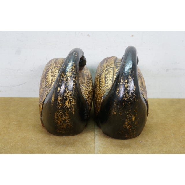 Pair Mid Century Chinese Lacquered Carved Hardwood Swan Sculptures Decoy 13" For Sale - Image 4 of 12