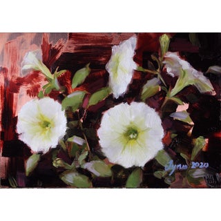 White Petunias by Taylor Tynes | Oil on Copper Panel Painting of white petunias with green leaves. For Sale