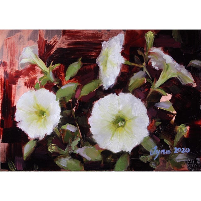 White Petunias by Taylor Tynes | Oil on Copper Panel Painting of white petunias with green leaves. For Sale
