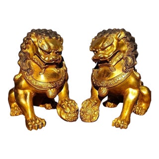 Pair of Large Vintage Gilt Bronze Guardian Lions – Seated Foo Dogs With Brocade Balls For Sale
