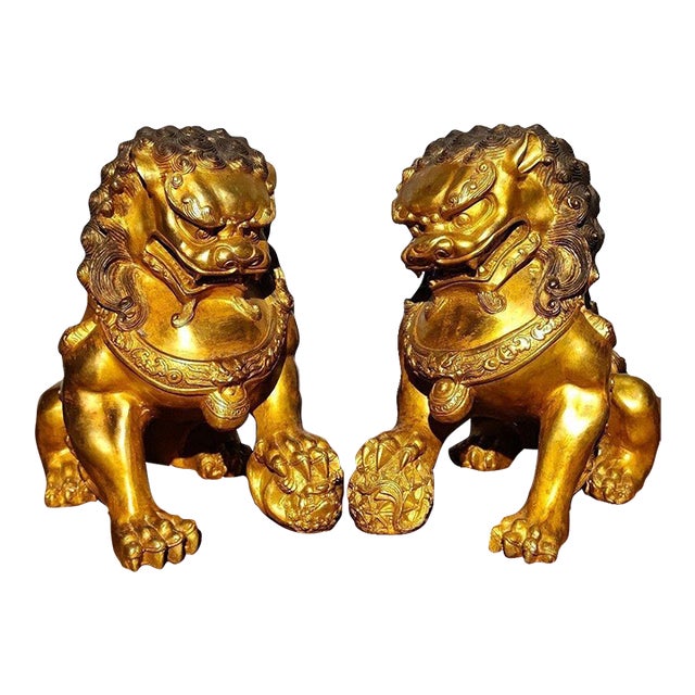 Pair of Large Vintage Gilt Bronze Guardian Lions – Seated Foo Dogs With Brocade Balls For Sale