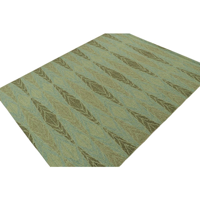 Rug & Kilim 2010s Rug & Kilim’s Scandinavian Style Kilim With Green Geometric Patterns on Blue For Sale - Image 4 of 7