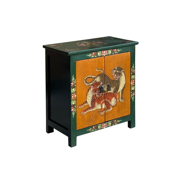 1980s Tibetan Style Green Orange Two Tigers End Table Nightstand For Sale - Image 5 of 12