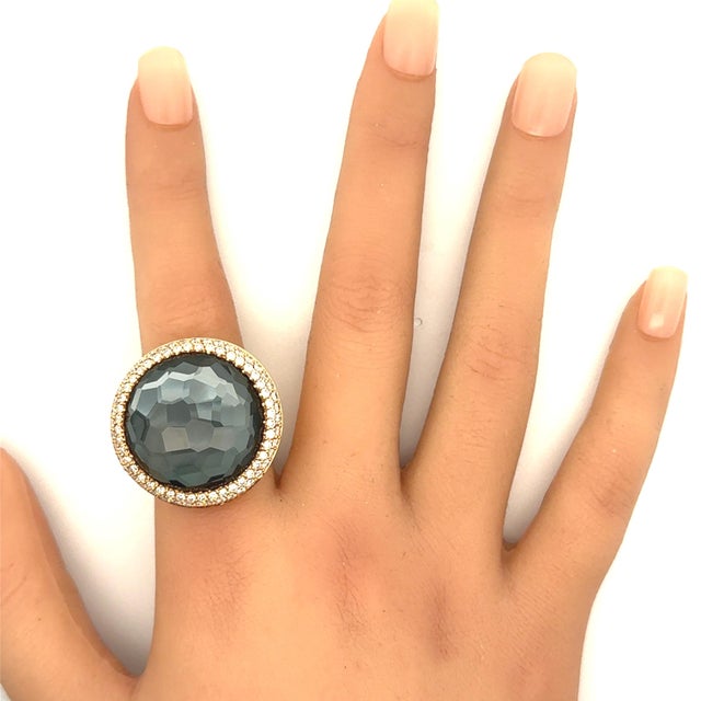 Quartz Black Onyx Diamond 18k Yellow Gold Double Halo Cocktail Ring, Size 6.5 For Sale In Los Angeles - Image 6 of 6