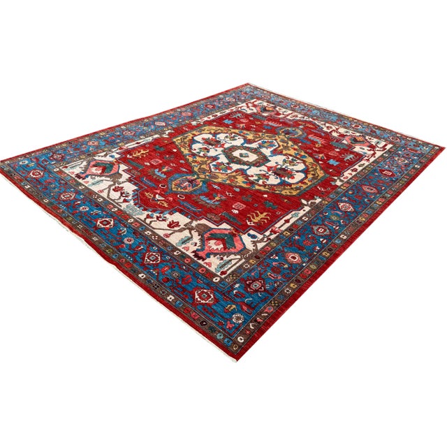 Serapi Style Wool Rug 288x361 Cm – Red and Blue Oriental Medallion Persian Area Carpet For Sale - Image 13 of 18