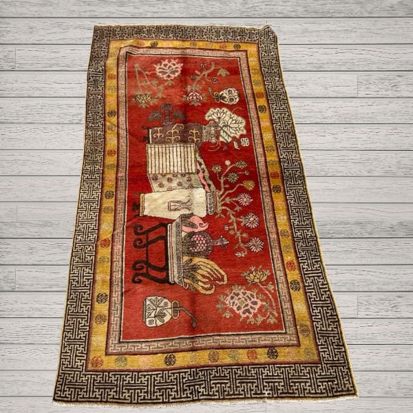 1930s Antique Khotan Rug 4’0” X 8’6” | Vase Design, Chinese Motif Border For Sale - Image 5 of 6