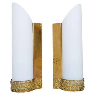 Mid-Century Modern Brass and Opaline Wall Lamps Attributed to Asea Sweden, Set of 2 For Sale