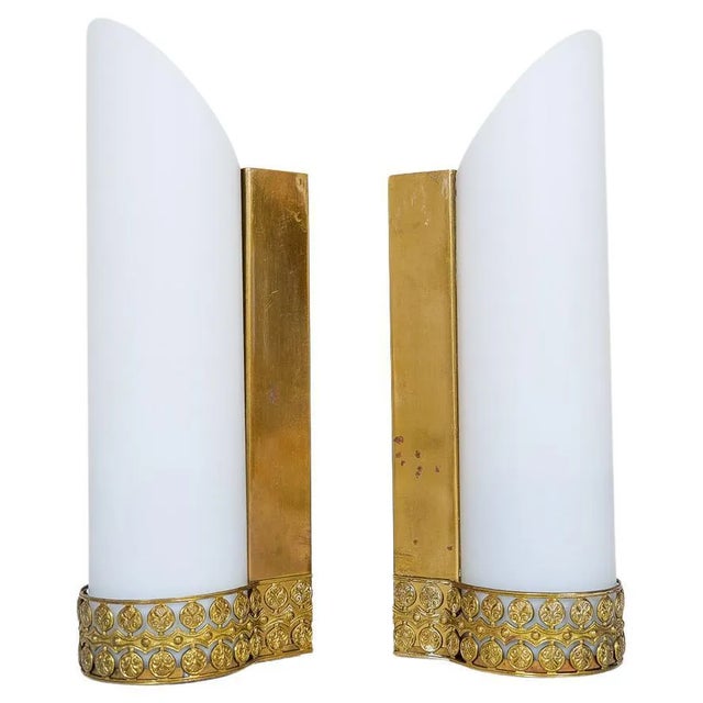 Mid-Century Modern Brass and Opaline Wall Lamps Attributed to Asea Sweden, Set of 2 For Sale