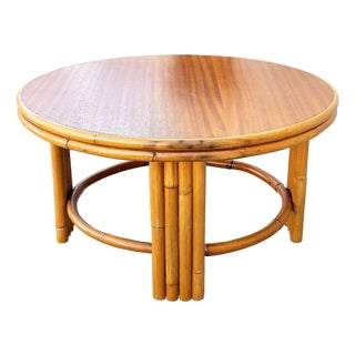 1940s Restored Mid-Century O-Base Round Costal Rattan End Table W/ Mahogany Top For Sale