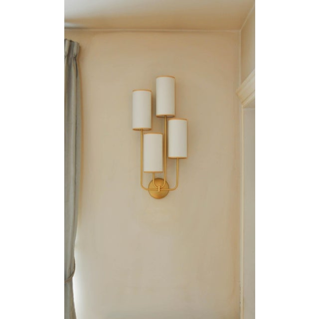 Elevation 4 Wall Sconces in Patinated Gold Metal and White Shades by Aymeric Lefort, Set of 2 For Sale - Image 4 of 18
