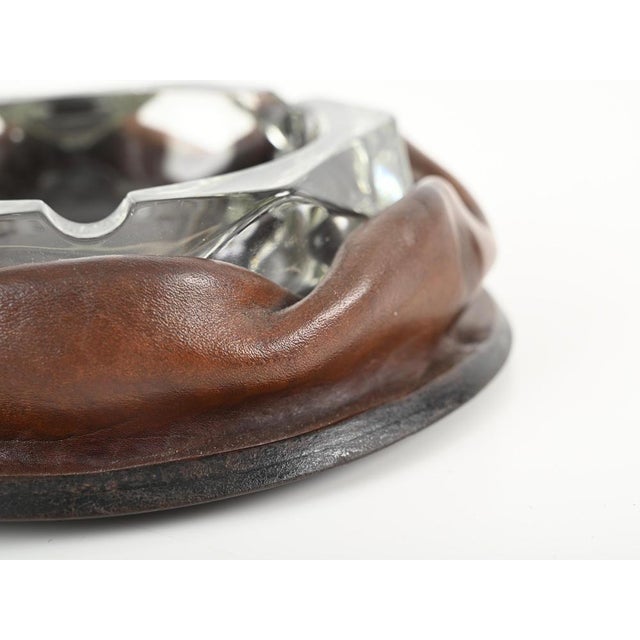 Adnet Brown Curved Leather and Crystal Glass Ashtray, 1950s For Sale - Image 12 of 15