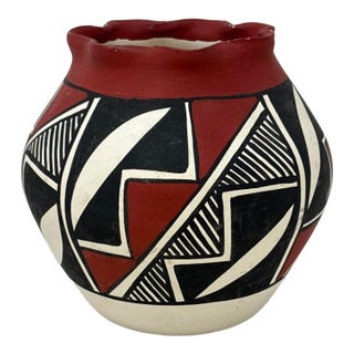 Vintage Acoma Pueblo Polychrome Pottery Jar by M. Chino – Hand Painted Geometric Olla Vase For Sale