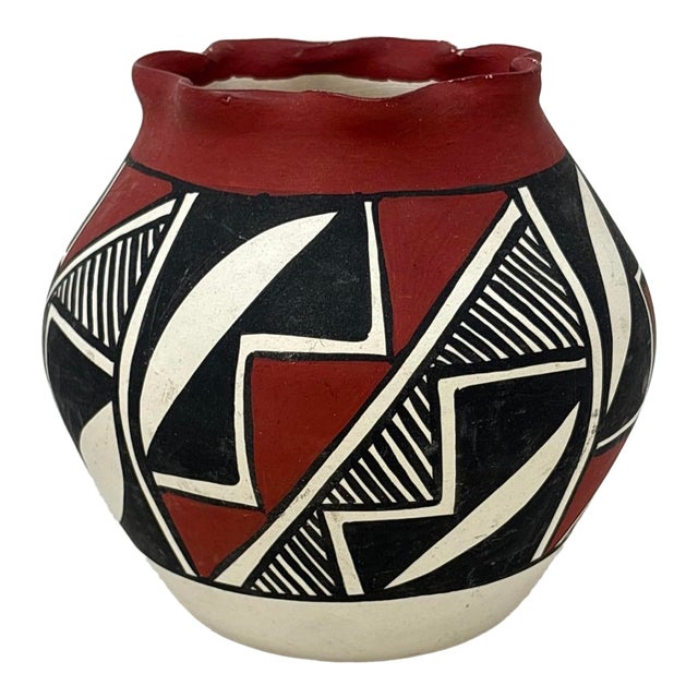 Vintage Acoma Pueblo Polychrome Pottery Jar by M. Chino – Hand Painted Geometric Olla Vase For Sale