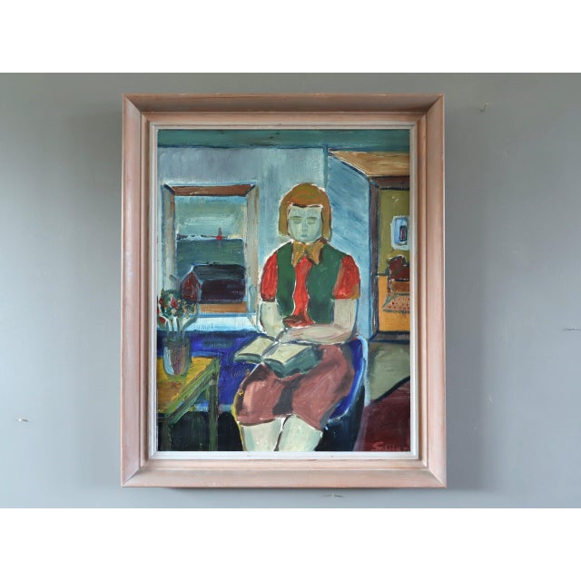 THE READER'S PAUSE Size: 24 x 20.3 inches (including frame) Oil on canvas A contemplative interior scene that unfolds...